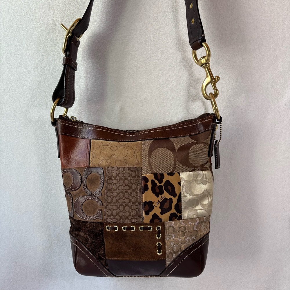 Y2K COACH Signature Shoulder Cross Bag Canvas Leather F12840 Brown Hobo